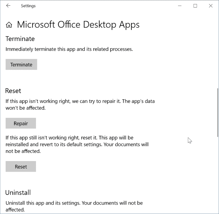 reset and repair Office 365 apps in Windows 10 pic3