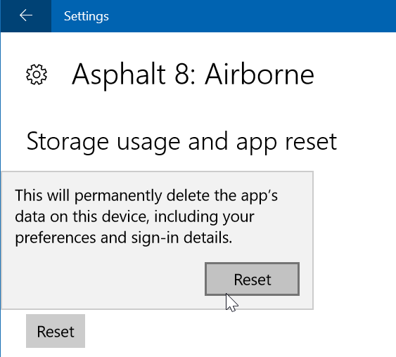 reset asphalt 8 airborne in Windows 10 step6