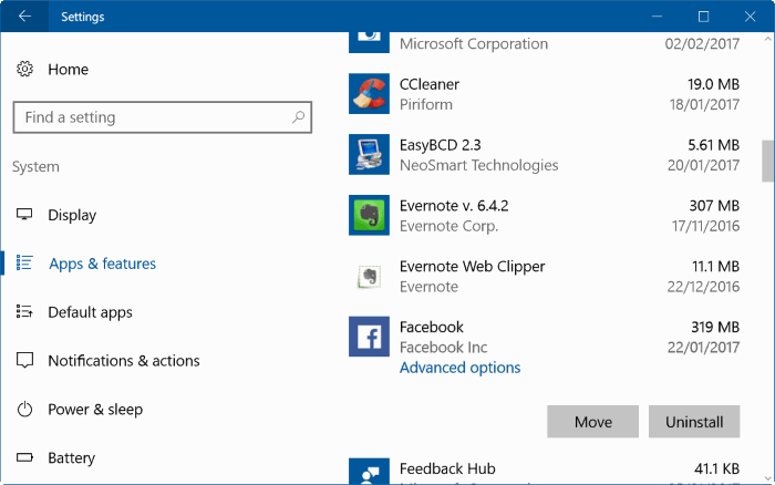 reset facebook app in windows 10