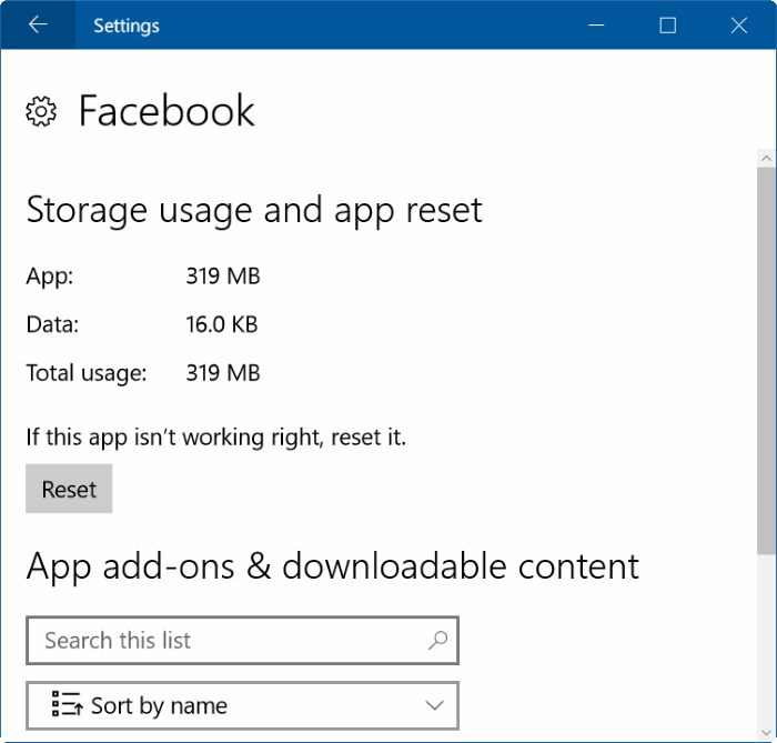 reset facebook in windows 10