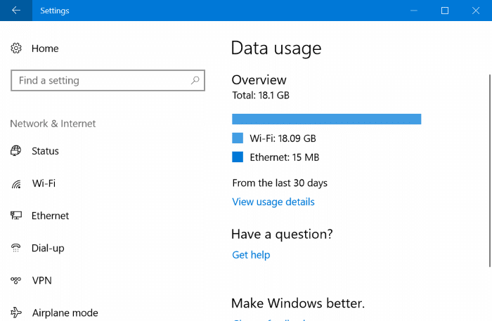 reset network data usage in Windows 10 pic01