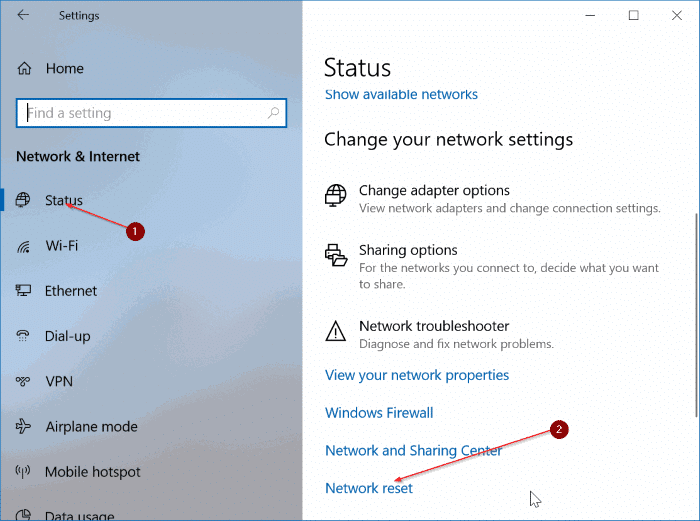 reset network settings in Windows 10 pic1