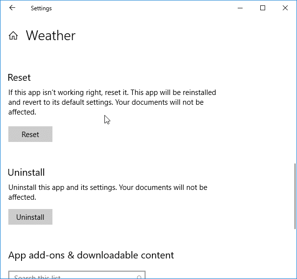 reset or reinstall Weather app in Windows 10 pic2
