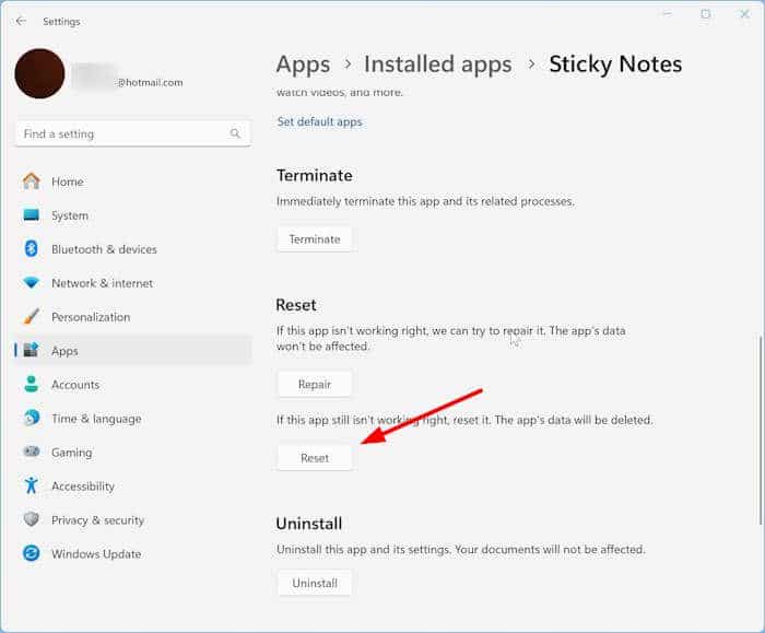 reset or reinstall sticky notes in Windows 11 pic2