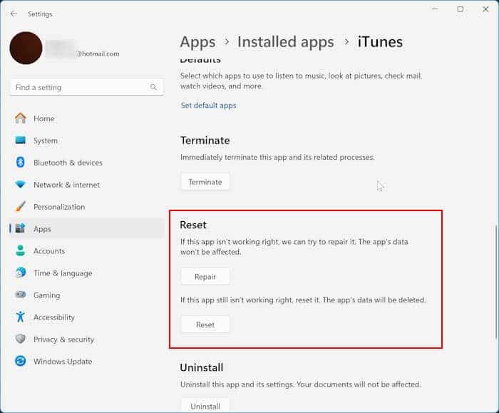 reset or repair itunes in Windows 11 pic2
