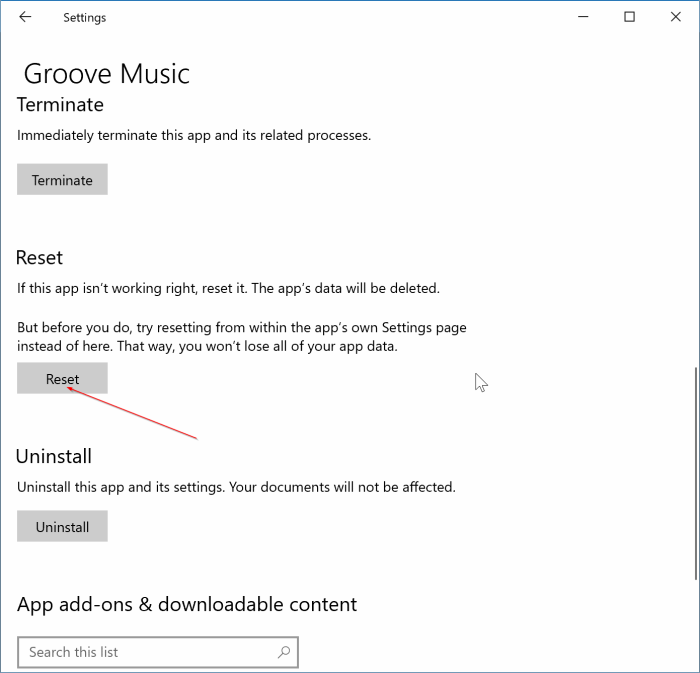 reset the Groove Music app in Windows 10 pic2