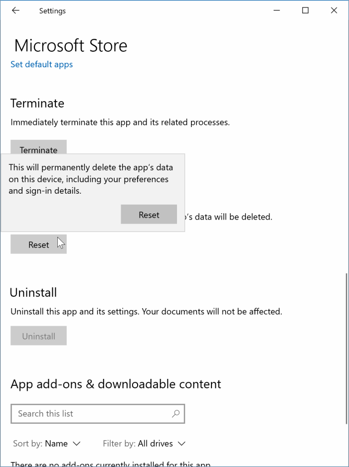 reset the Store app in Windows 10 pic3