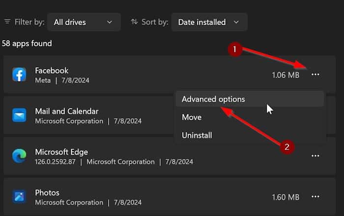 reset the facebook app in Windows 11 pic1