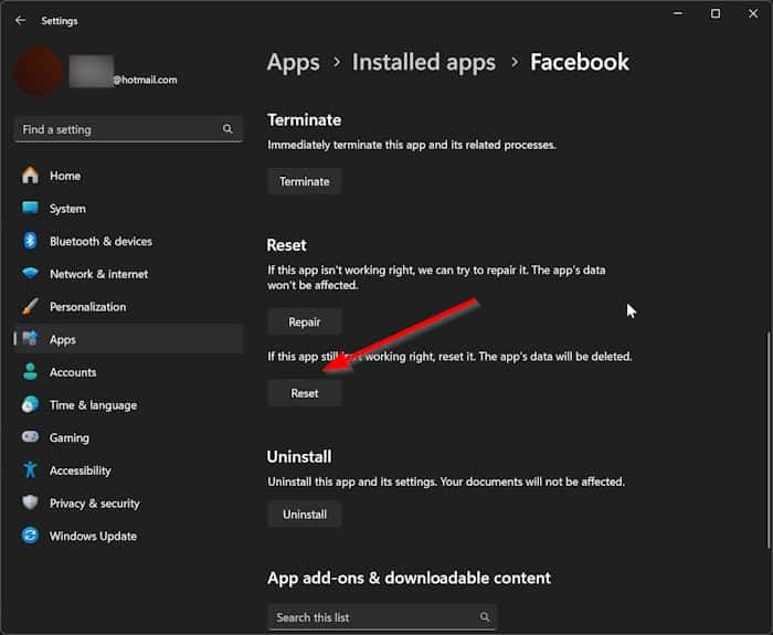 reset the facebook app in Windows 11 pic2