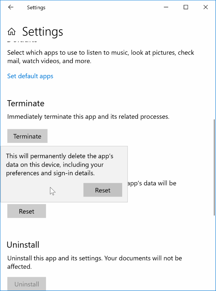 reset the settings app in Windows 10 pic5