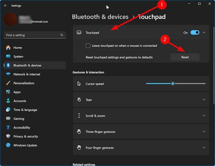 reset touchpad settings in Windows 11