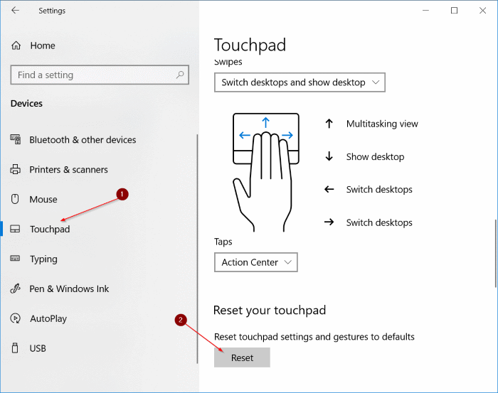 reset touchpad settings to defaults in Windows 10