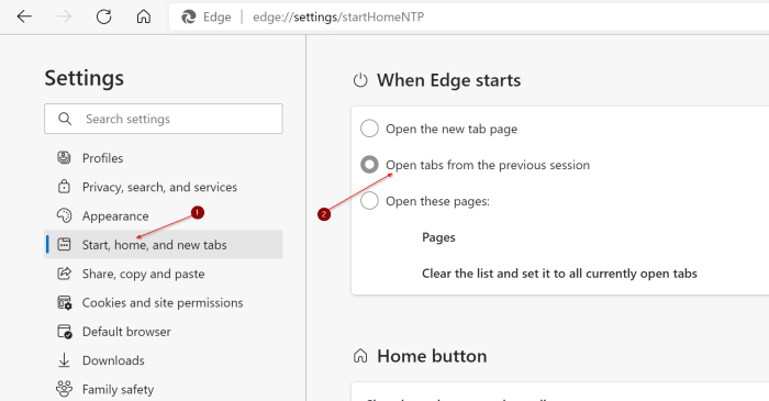 restore previous session tabs in Edge pic3