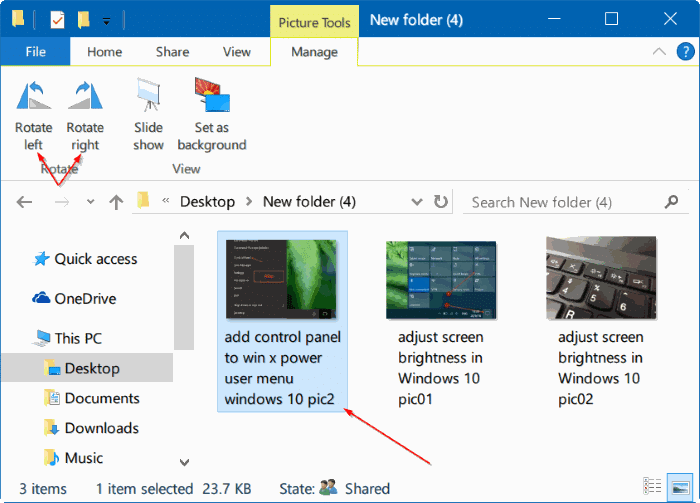 rotate pictures in Windows 10 file explorer