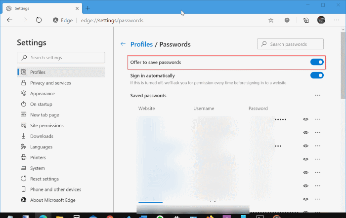 save passwords in Edge browser in Windows 10
