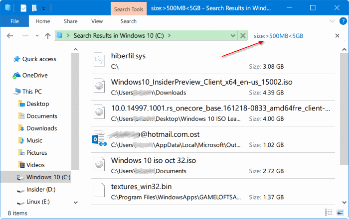 search for large files in Windows 10 pic5