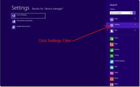 search for settings in Windows 8 Start screen