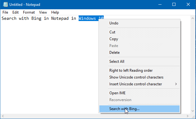 search with Bing in Notepad in Windows 10