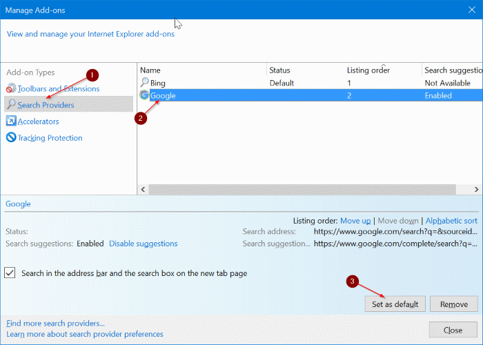 set google as default search engine in Internet Explorer 11