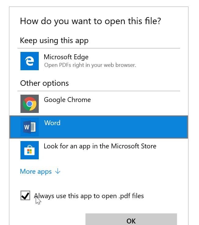 set Microsoft Office Word as default in Windows 10 pic5.1
