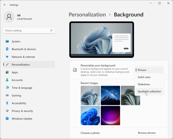 set Windows spotlight as desktop background in Windows 11 pic3