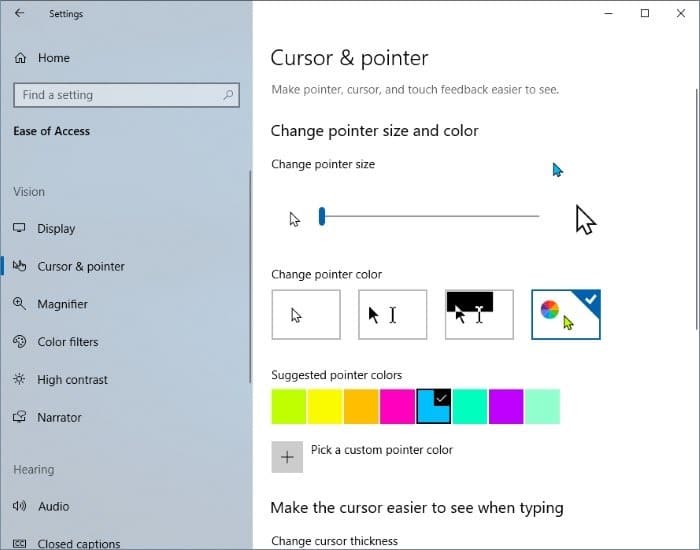 change mouse pointer size and color in windows 10