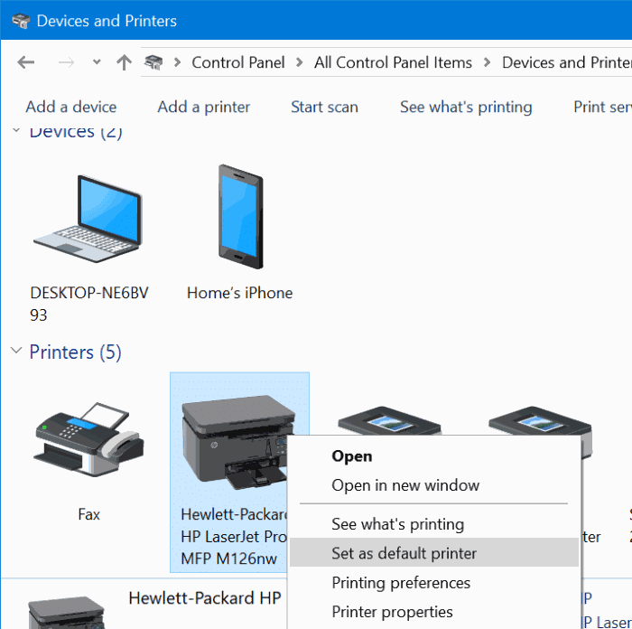 set default printer in windows 10 pic5
