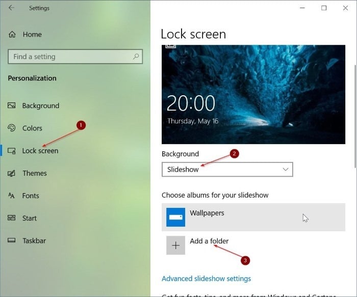 set lock screen slideshow with custom pictures in windows 10 pic1
