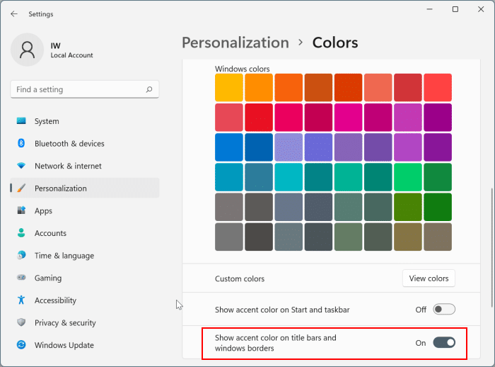 show color on title bars and window borders in Windows 11 pic4