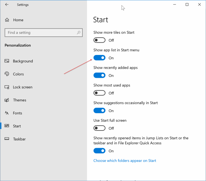 show or hide apps list in Start menu
