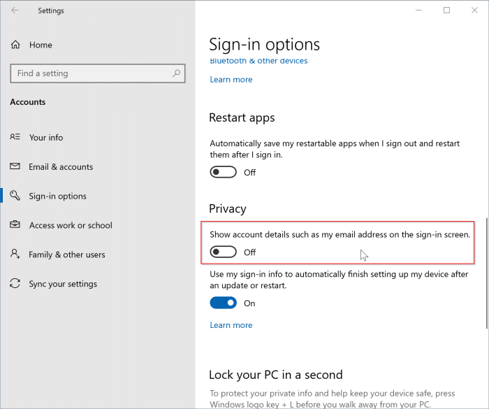 show or hide email address on the sign in screen in Windows 10