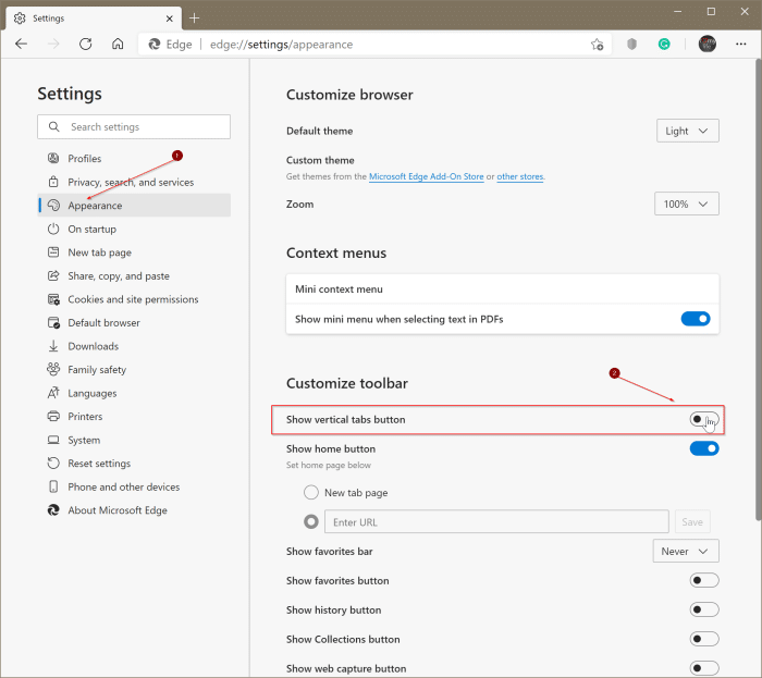 show or hide vertical tabs button in Edge Browser pic4
