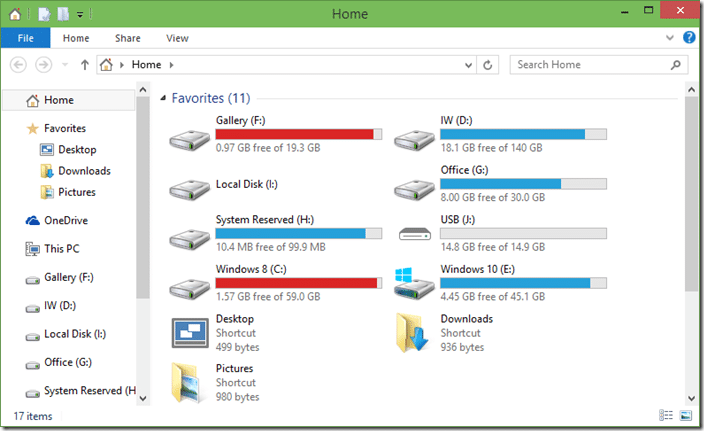 show partitions under Home folder in Windows 10