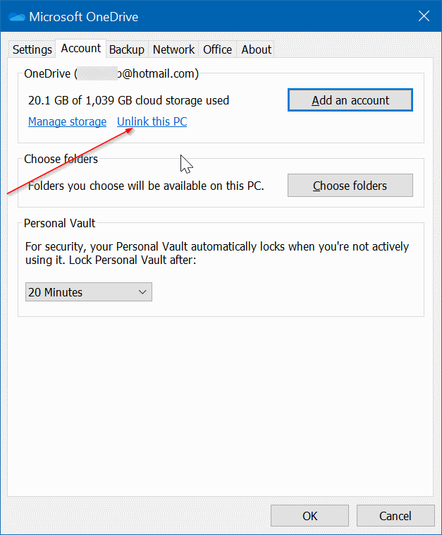 sign out of onedrive in Windows 10 pic2