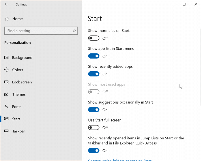open start menu settings in Windows 10