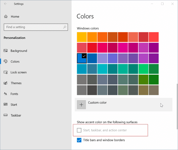 start taskbar and action center is grayed out in Windows 10 settings pic01