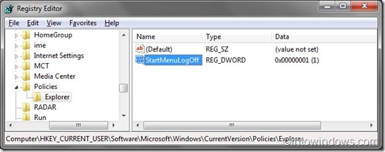 start menu log off via registry