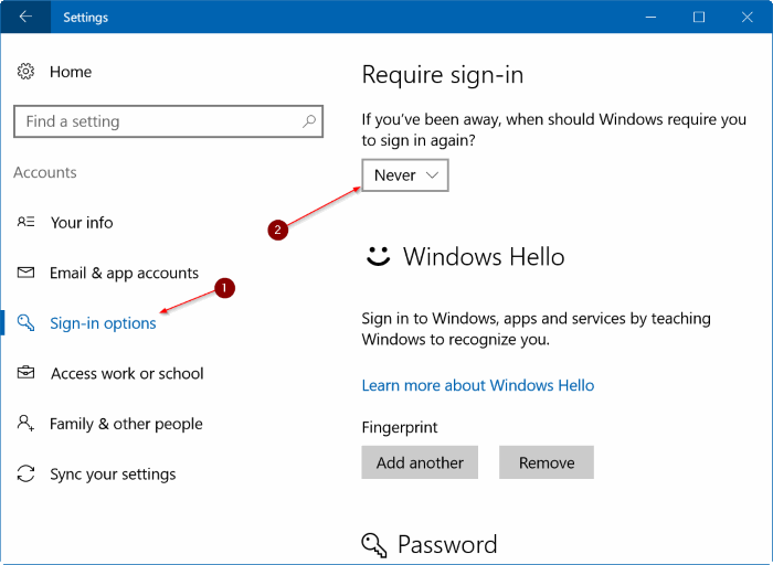 stop Windows 10 from asking for password after sleep step2