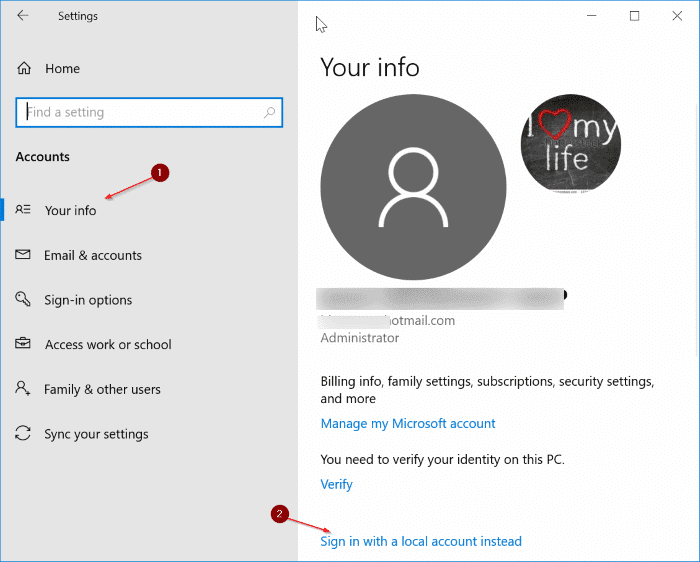 switch between local and Microsoft accounts in Windows 10 pic1