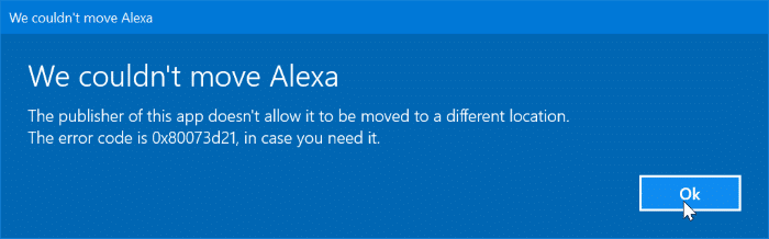 the publisher of this app does not allow it to be moved