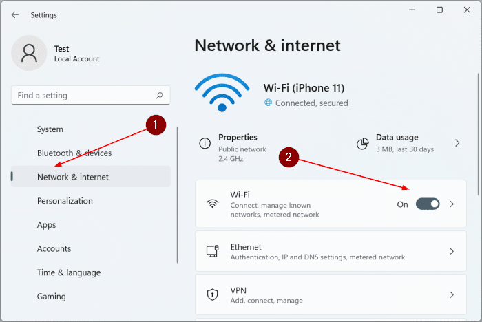 turn Wi-Fi on or off in Windows 11 pic2
