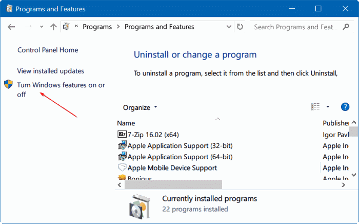turn Windows 10 features on or off pic04