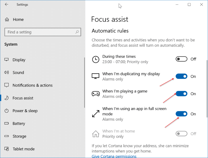 turn off notifications while gaming, videos and presentation in Windows 10