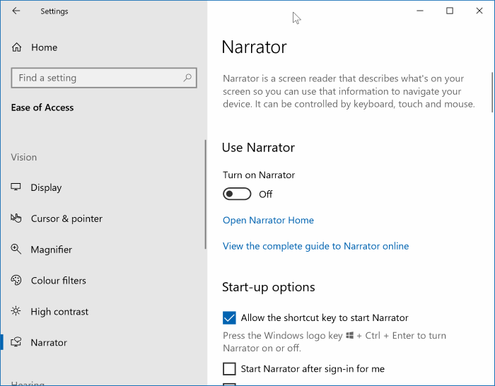 turn off the narrator in Windows 10