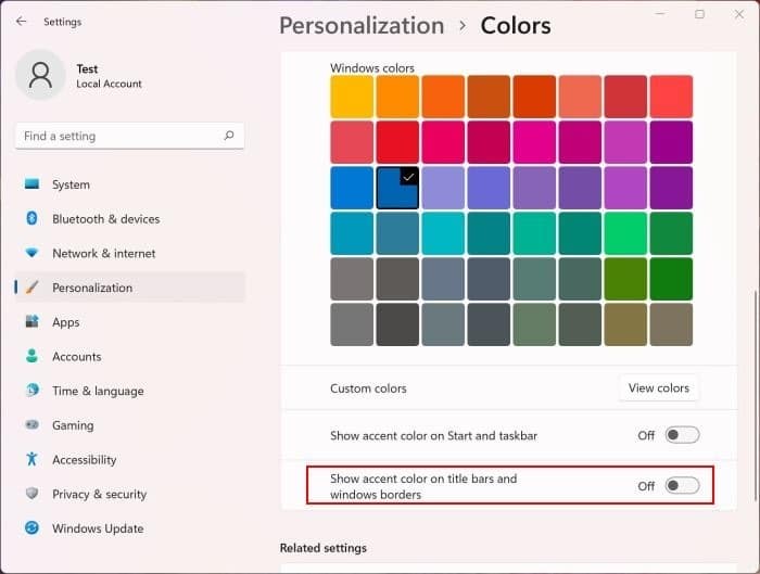turn off window border color in Windows 11 pic2