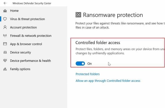 turn on built in ransomware protection in Windows 10 pic04