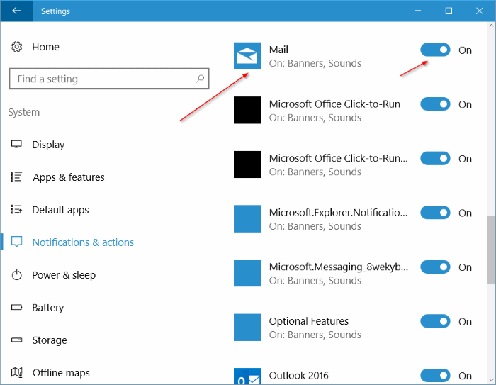 turn on new mail notification banner and sound Windows 10 mail pic2
