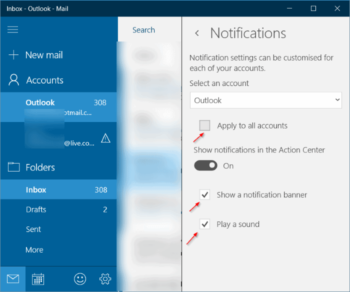 turn on new mail notification banner and sound Windows 10 mail pic5