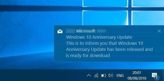 turn on new mail notification banner and sound Windows 10 mail