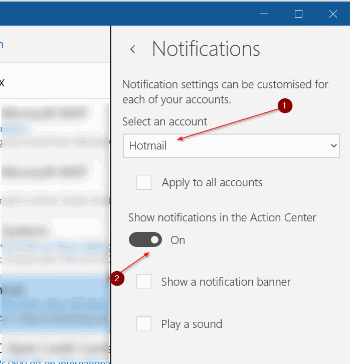 turn on off email notifications in action center Windows 10 pic3